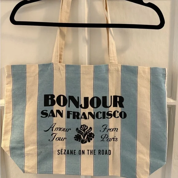 Sezane Striped Blue and Cream Tote Bag “Bonjour San Francisco” - Picture 1 of 3